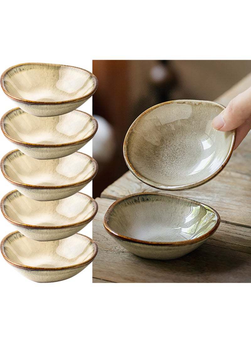 5 Pcs Vintage Distressed Ceramic Irregular Dipping Bowls, Japanese Style Mini Sauce Dishes - Image 1