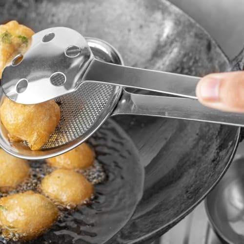 Brunchy 2 in 1 Stainless Steel Deep Fry Strainer and Filter Spoon Set with Clip, Multi-Functional Strainer Pot, Restaurant Kitchen Equipment, 26 x 9 x 2 CM Snack Fryer Serving Tong - Image 5