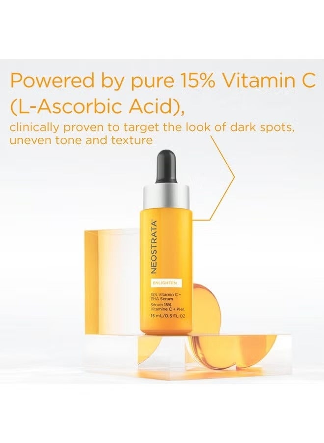 NeoStrata Enlighten 15% Vitamin C + PHA Serum 15ml is a concentrated daily brightening serum for uneven skin tones and textures, dark spots and dark patches.  This vitamin C serum is infused with 2% PHA to gently remove surface skin cells and allow the vitamin C to be absorbed into fresh, renewed surface layers. The result is a more even and luminous complexion.  Pure and stabilized L-ascorbic acid 15%. Green tea extract increases the antioxidant capacity of vitamin C. Chamomile improves the skin's natural antioxidants. Mineral oils free  Dermatologically tested and allergy free. - Image 3