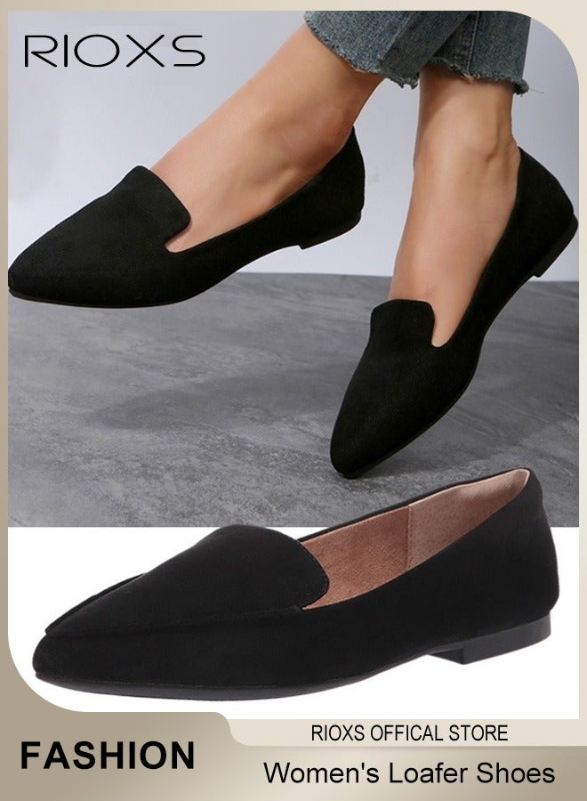 RIOXS Women's Flat Loafers, Classic Pointed Toe Flat Shoes, Stylish Ladies Dress Shoes, Slip-on Ballet Shoes, Soft Comfy Work Loafers for Standing, Anti-slip Penny Flats for Business/ Office/ Dancing/ Driving, Casual Black Flats Womens Footwear  - Image 1