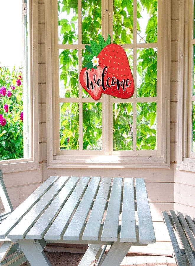 وولاين لوحة ترحيب خشبية معلقة على شكل فراولة من Whaline، لوحة جدارية بنمط فاكهة صيفية، ديكور باب أمامي موسمي، هدية مثالية لمنزل جديد، مناسبة للاستخدام الداخلي والخارجي، ديكور منزلي، ديكور ريفي، ديكور للشرفة - Image 3