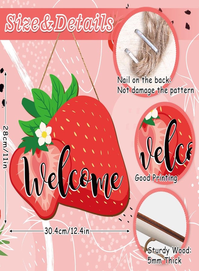 وولاين لوحة ترحيب خشبية معلقة على شكل فراولة من Whaline، لوحة جدارية بنمط فاكهة صيفية، ديكور باب أمامي موسمي، هدية مثالية لمنزل جديد، مناسبة للاستخدام الداخلي والخارجي، ديكور منزلي، ديكور ريفي، ديكور للشرفة - Image 2