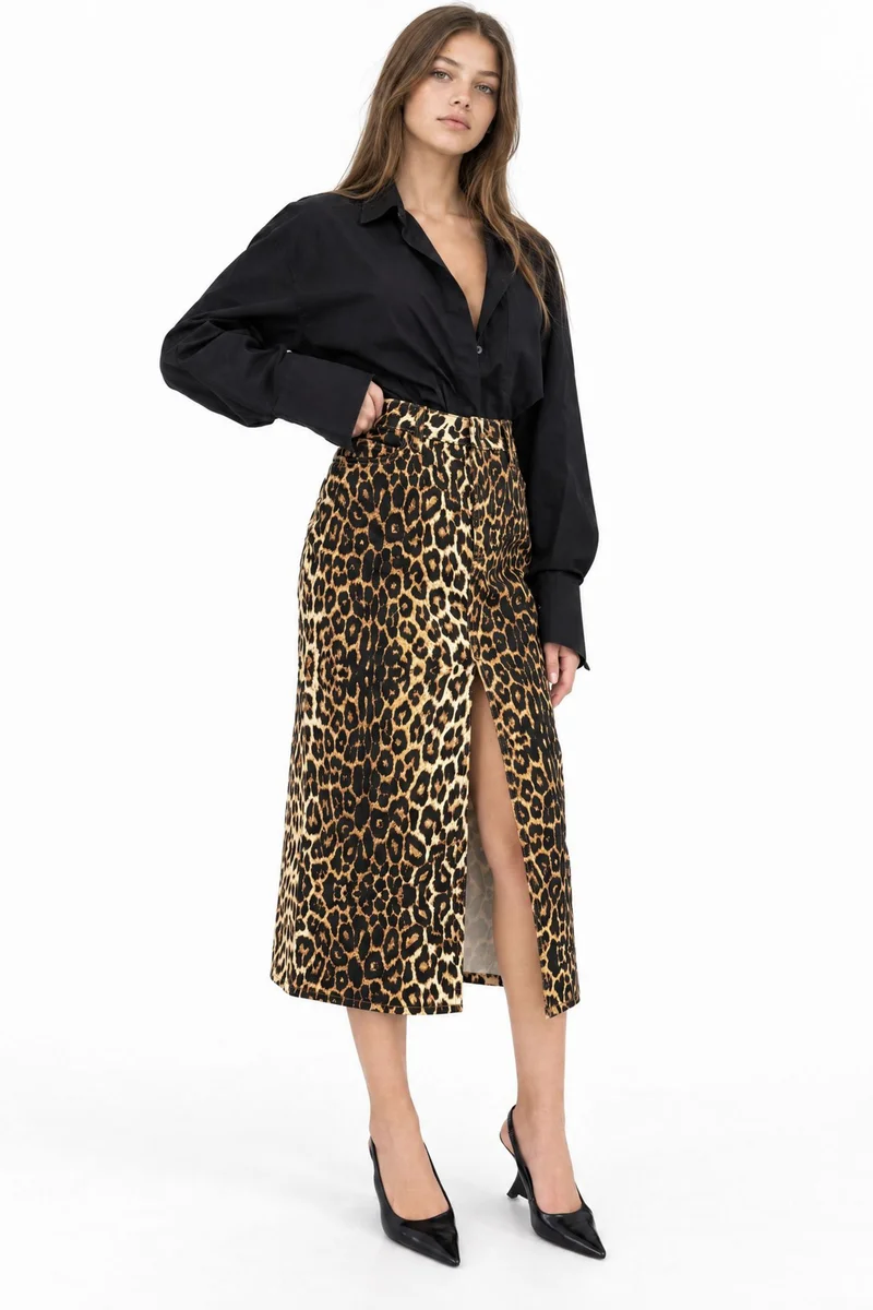 سكوالو SQUALO High-Waist Leopard Midi Skirt