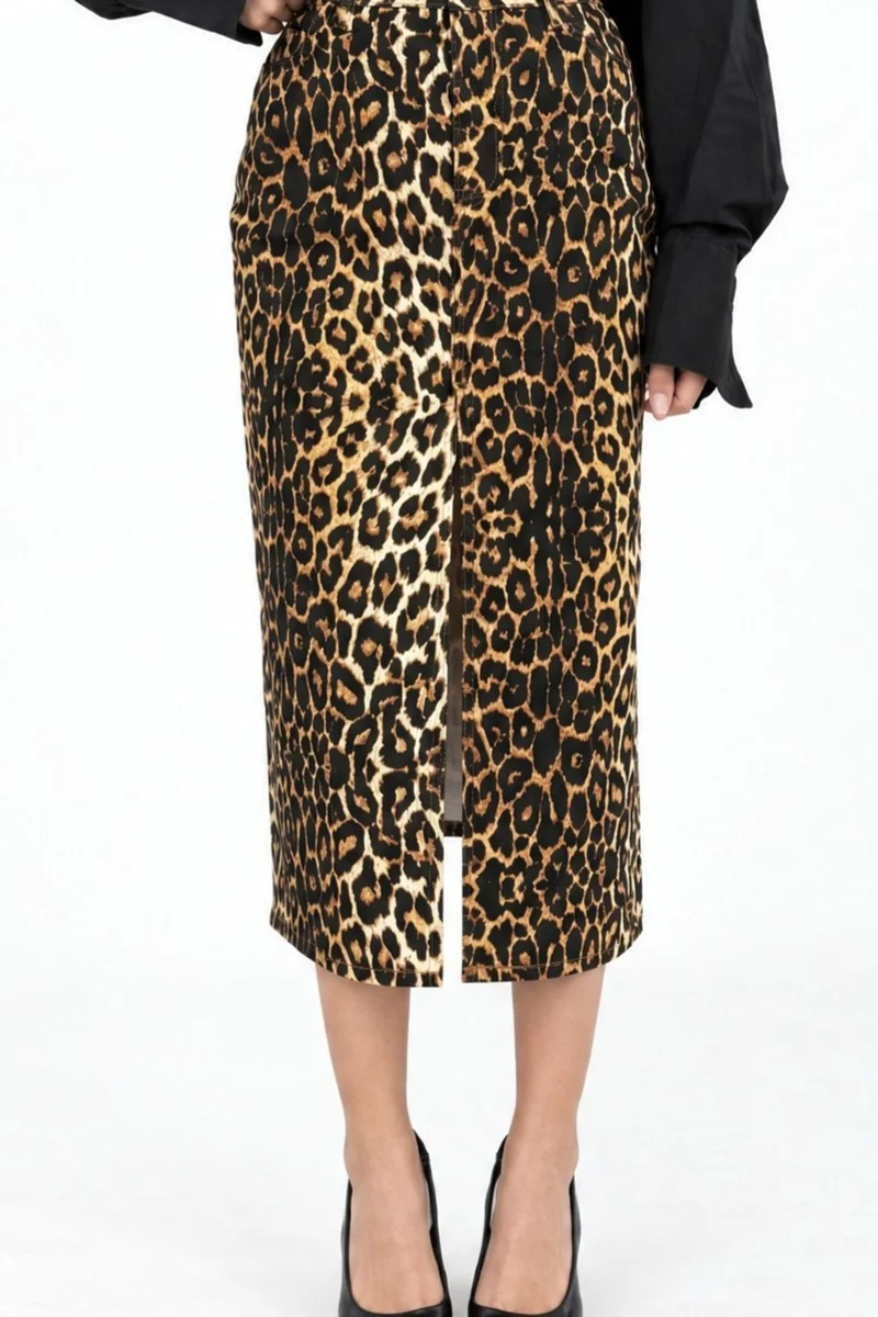 سكوالو SQUALO High-Waist Leopard Midi Skirt