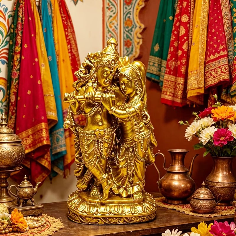 1pc Hand Painted Golden Lord Krishna Statue Resin Sacred Couple Sculpture Home Temple Worship Decoration Diwali Wedding Gift - Image 4