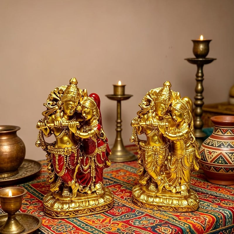 1pc Hand Painted Golden Lord Krishna Statue Resin Sacred Couple Sculpture Home Temple Worship Decoration Diwali Wedding Gift - Image 2