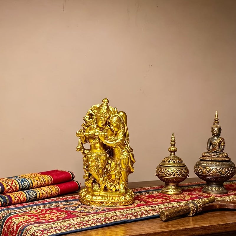 1pc Hand Painted Golden Lord Krishna Statue Resin Sacred Couple Sculpture Home Temple Worship Decoration Diwali Wedding Gift - Image 1