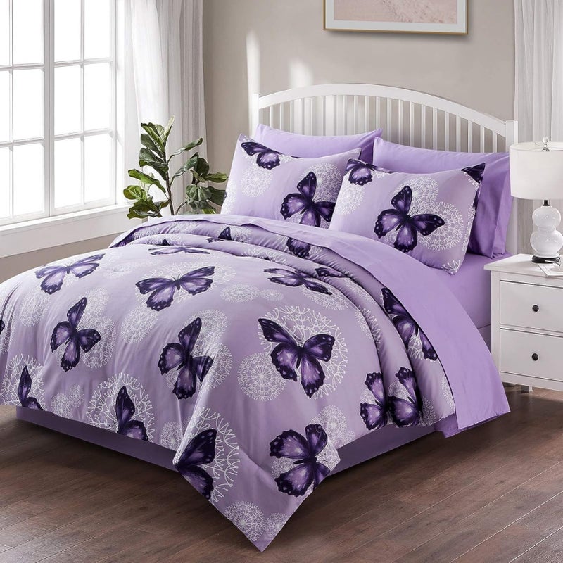 ARTALL ARTALL Bed in A Bag King Size 8 Pieces Purple Butterfly All Season Bedding Comforter Bed Set with Pillow Shams Flat Sheet Fitted Sheet Bed Skirt Pillowcases 
