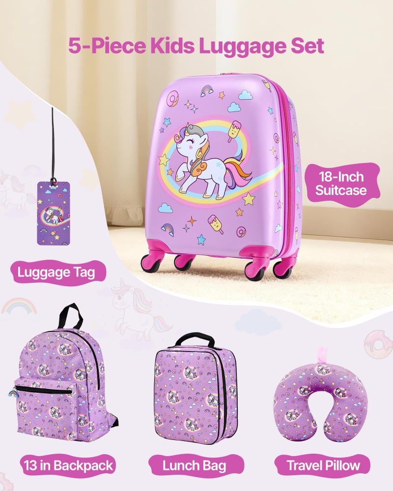 VEVOR Kids Luggage Set, 5 Piece, 18 Inch Hardside Rolling Wheels Suitcase with Backpack & U-shape Pillow, Unicorn Kids Carry on Luggage Set, Holiday Birthday Gift for Girls Boys, Airline Approved - Image 2