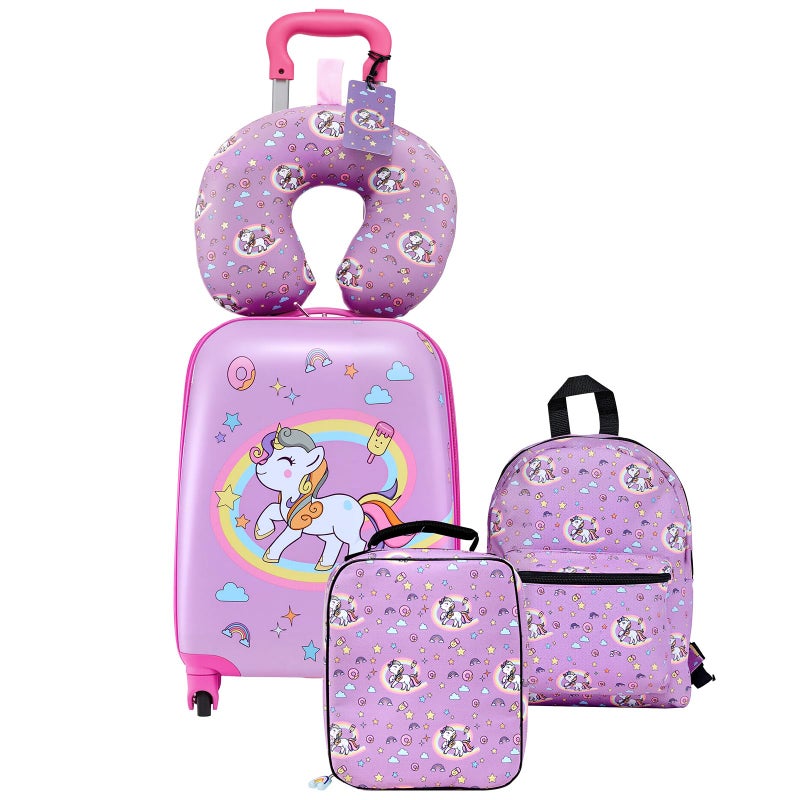 VEVOR Kids Luggage Set, 5 Piece, 18 Inch Hardside Rolling Wheels Suitcase with Backpack & U-shape Pillow, Unicorn Kids Carry on Luggage Set, Holiday Birthday Gift for Girls Boys, Airline Approved - Image 1