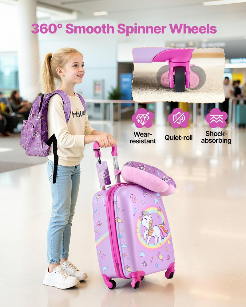 VEVOR Kids Luggage Set, 5 Piece, 18 Inch Hardside Rolling Wheels Suitcase with Backpack & U-shape Pillow, Unicorn Kids Carry on Luggage Set, Holiday Birthday Gift for Girls Boys, Airline Approved - Image 4