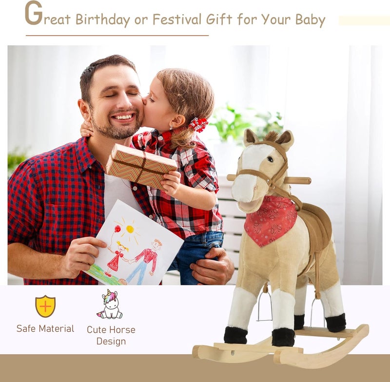 Qaba Kids Plush Ride-On Rocking Horse Toy Cowboy Rocker with Fun Realistic Sounds for Child 3-6 Years Old, Beige - Image 3