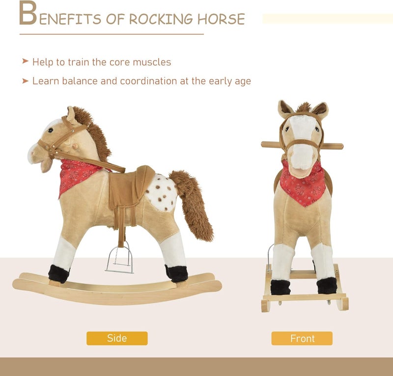 Qaba Kids Plush Ride-On Rocking Horse Toy Cowboy Rocker with Fun Realistic Sounds for Child 3-6 Years Old, Beige - Image 4