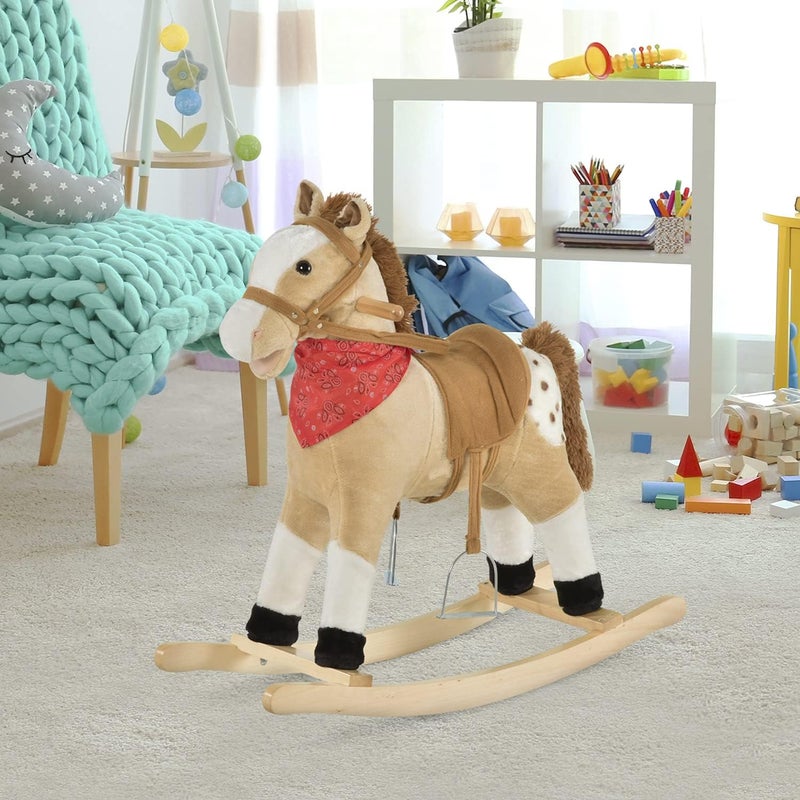 Qaba Kids Plush Ride-On Rocking Horse Toy Cowboy Rocker with Fun Realistic Sounds for Child 3-6 Years Old, Beige - Image 2