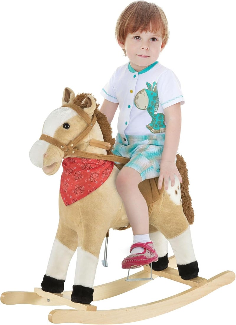 Qaba Kids Plush Ride-On Rocking Horse Toy Cowboy Rocker with Fun Realistic Sounds for Child 3-6 Years Old, Beige - Image 1
