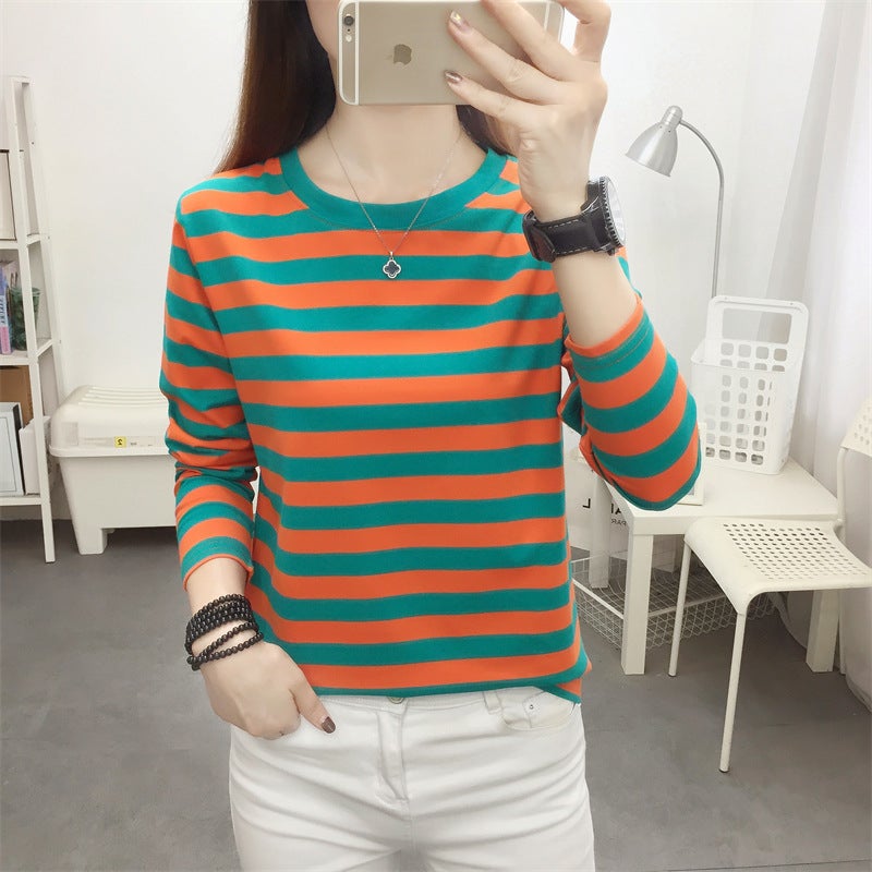 Striped Base Shirt Womens Long-sleeved Loose Autumn Clothes Spring and Autumn Western Style Pure Cotton Inner Jacket Outer Wear T-shirt orange green - Image 1