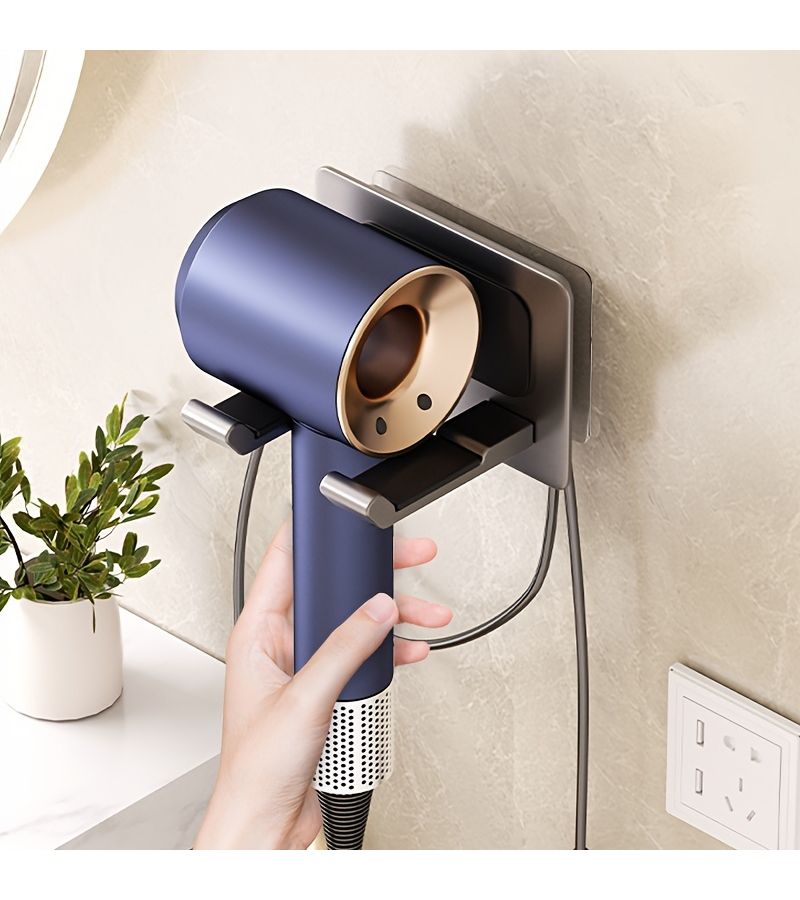 White Aluminum Hair Dryer Holder Wall Mount No Drill Needed Space Saving Bathroom Utility Organizer - Image 1