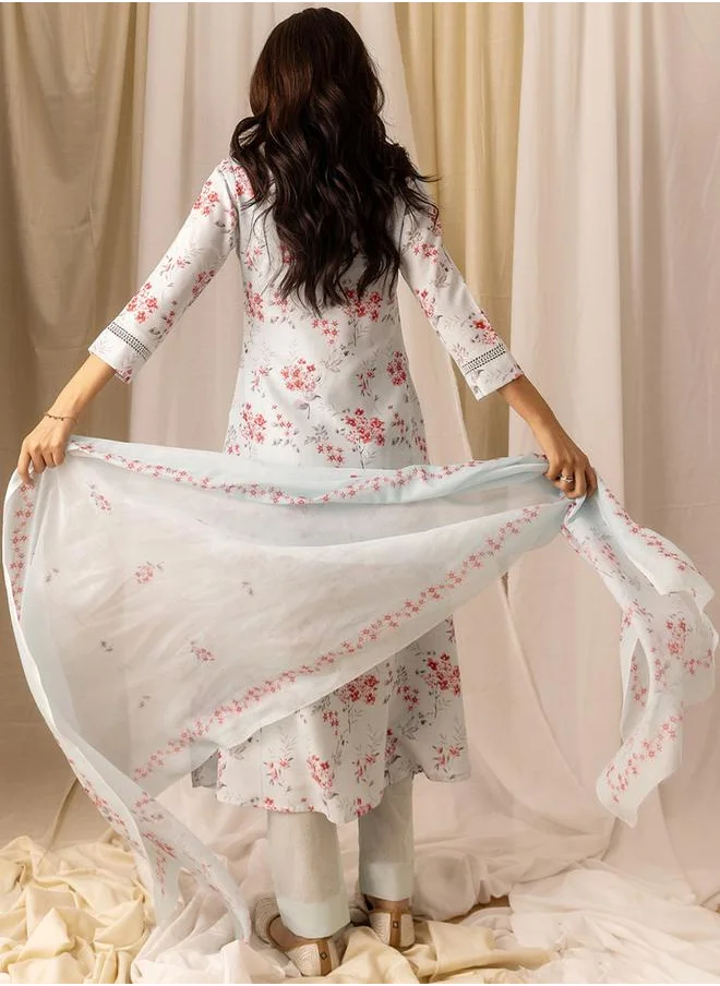 DW Floral Printed Linen A-Line Kurta with Trousers and Dupatta Set by Styli