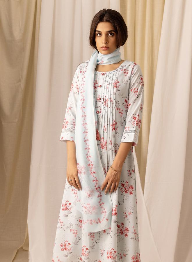 DW Floral Printed Linen A-Line Kurta with Trousers and Dupatta Set - Image 3