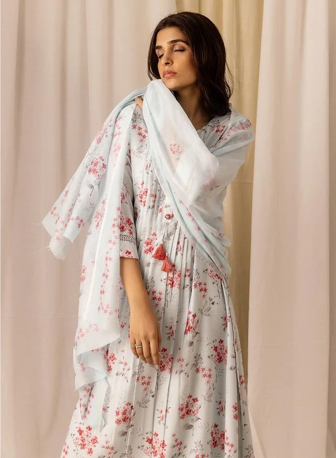 DW Floral Printed Linen A-Line Kurta with Trousers and Dupatta Set by Styli
