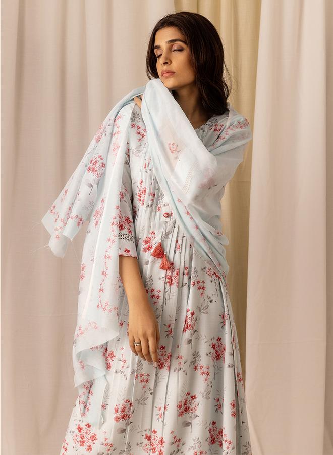 DW Floral Printed Linen A-Line Kurta with Trousers and Dupatta Set - Image 4