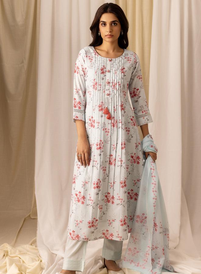 DW Floral Printed Linen A-Line Kurta with Trousers and Dupatta Set - Image 5