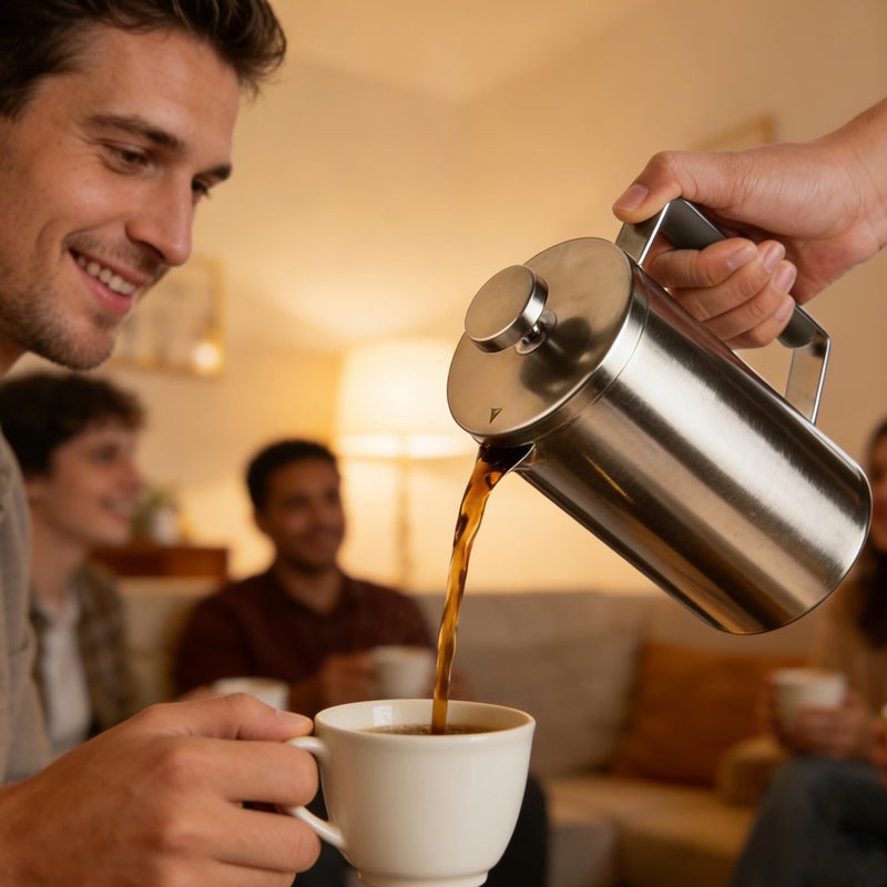 Meelio ميليو صانعة القهوة الفرنسية الصغيرة 600 مل، فرنش بريس معزولة مزدوجة الجدار، مصنوعة من الفولاذ المقاوم للصدأ للسفر والتخييم، مقبض سيليكون (2-4 أكواب، 20 أونصة) فضي، غير لامع - Image 4