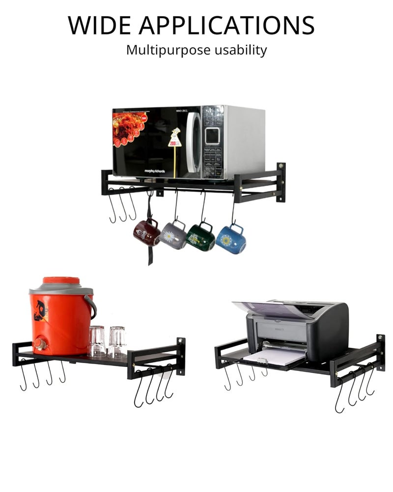 Equal حامل ميكروويف مثبت على الحائط من الصلب المعتدل - مجموعة 2 - رف تخزين المطبخ مع خطافات - صنع في الهند (أسود/60x40) - Image 3