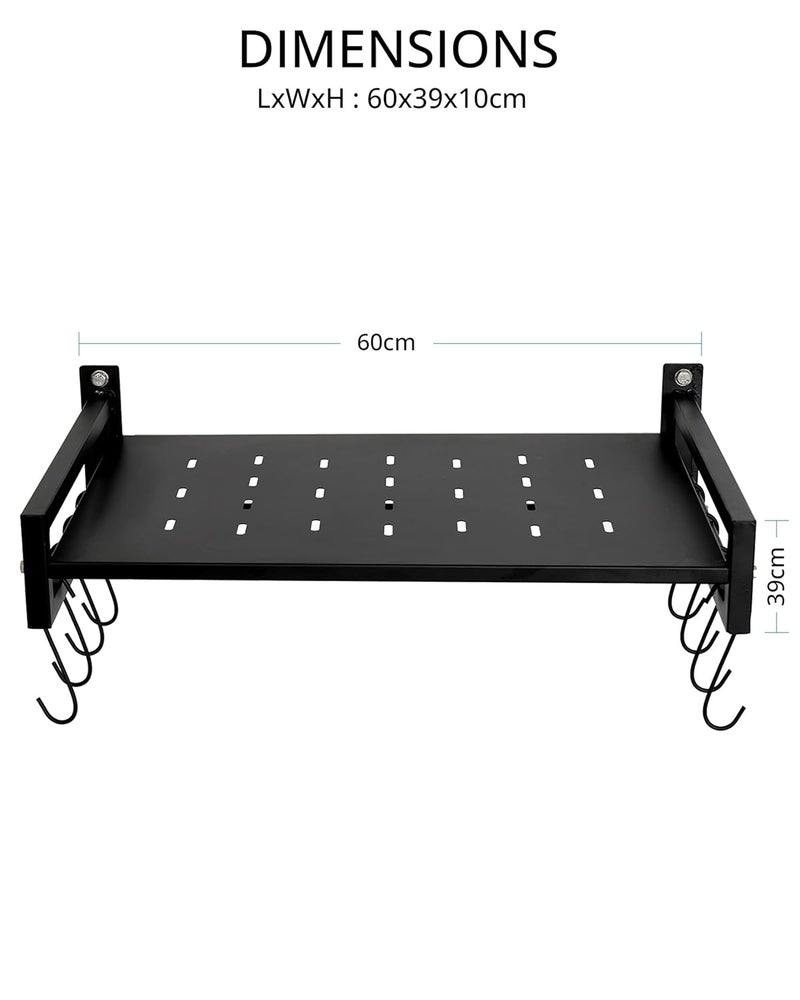 Equal حامل ميكروويف مثبت على الحائط من الصلب المعتدل - مجموعة 2 - رف تخزين المطبخ مع خطافات - صنع في الهند (أسود/60x40) - Image 5