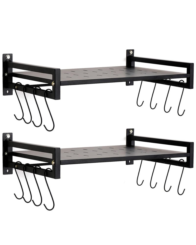 Equal حامل ميكروويف مثبت على الحائط من الصلب المعتدل - مجموعة 2 - رف تخزين المطبخ مع خطافات - صنع في الهند (أسود/60x40) - Image 1