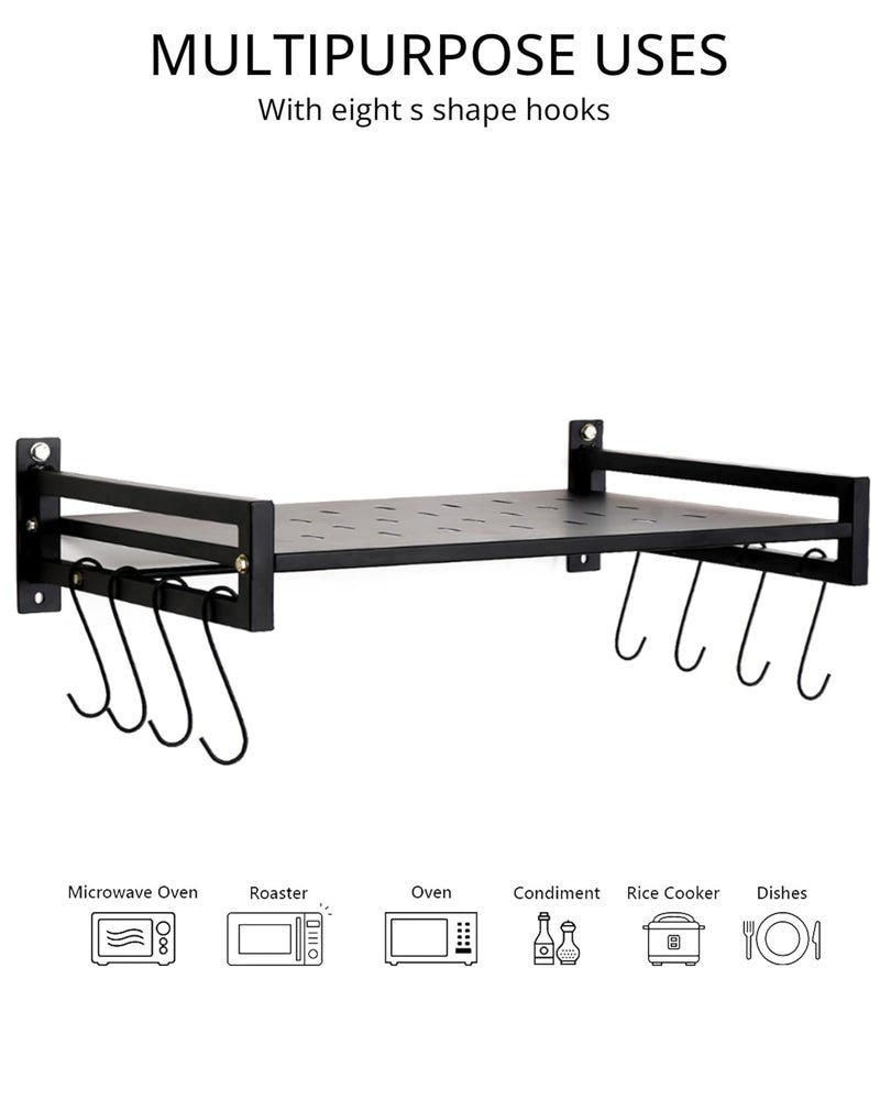 Equal حامل ميكروويف مثبت على الحائط من الصلب المعتدل - مجموعة 2 - رف تخزين المطبخ مع خطافات - صنع في الهند (أسود/60x40) - Image 4