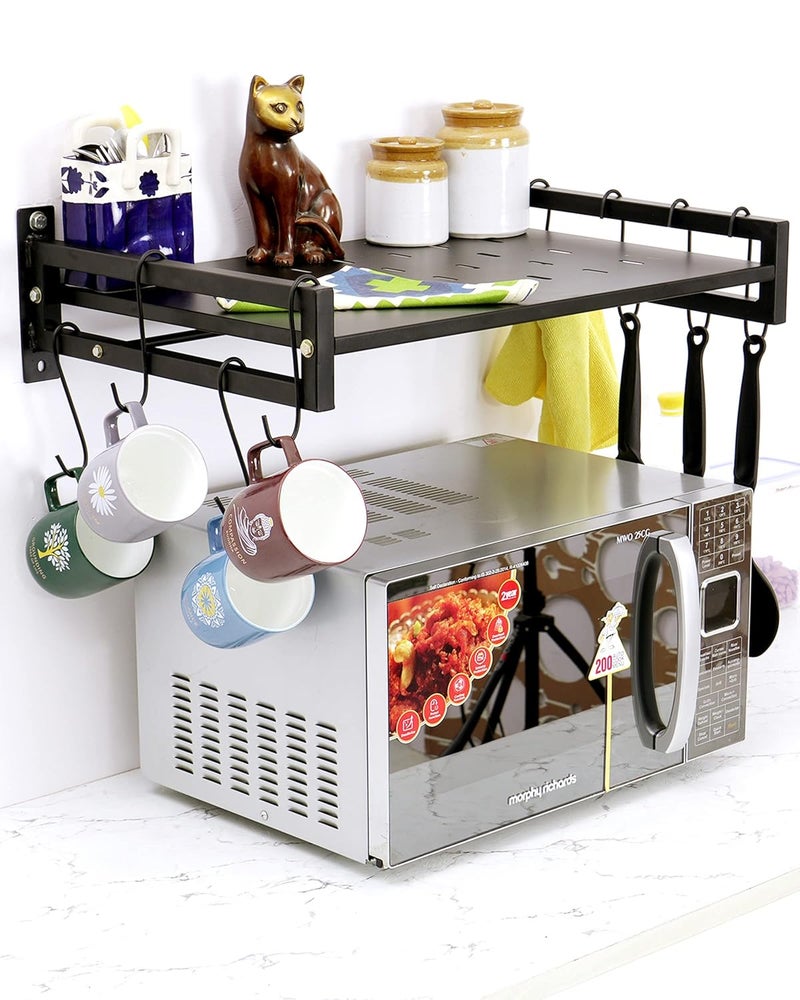 Equal حامل ميكروويف مثبت على الحائط من الصلب المعتدل - مجموعة 2 - رف تخزين المطبخ مع خطافات - صنع في الهند (أسود/60x40) - Image 2