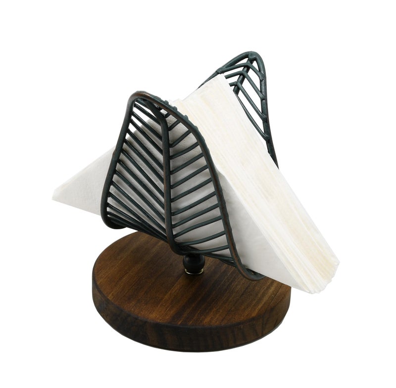 OwlGift Freestanding Modern Napkin Holder w/Golden Turquoise Wrought Iron Leaf & Brown Wooden Base Design, Tabletop Tissue Dispenser, Napkin Storage Organizer - Image 4