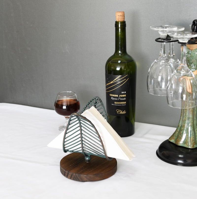 OwlGift Freestanding Modern Napkin Holder w/Golden Turquoise Wrought Iron Leaf & Brown Wooden Base Design, Tabletop Tissue Dispenser, Napkin Storage Organizer - Image 3