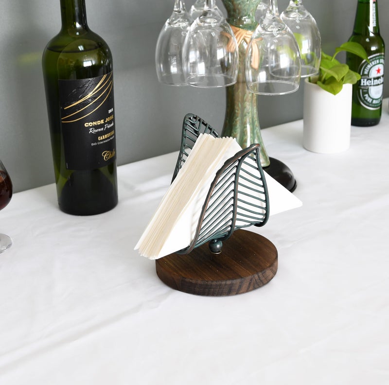 OwlGift Freestanding Modern Napkin Holder w/Golden Turquoise Wrought Iron Leaf & Brown Wooden Base Design, Tabletop Tissue Dispenser, Napkin Storage Organizer - Image 2