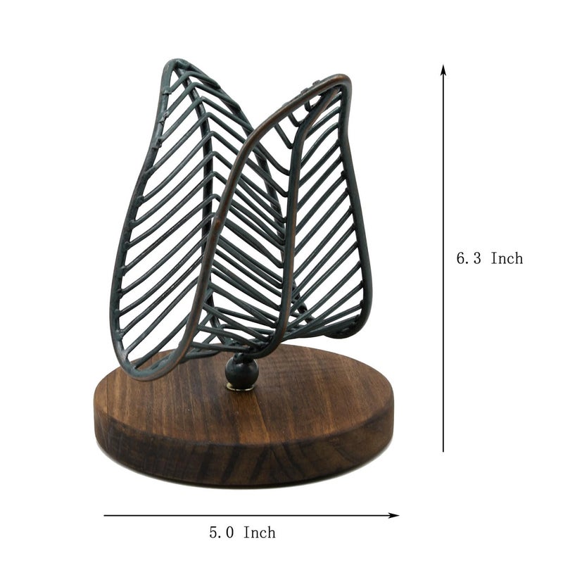 OwlGift Freestanding Modern Napkin Holder w/Golden Turquoise Wrought Iron Leaf & Brown Wooden Base Design, Tabletop Tissue Dispenser, Napkin Storage Organizer - Image 5
