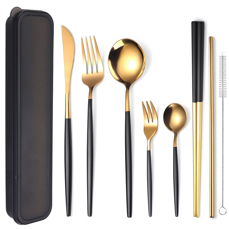 AARAINBOW 7 Pieces Stainless Steel Flatware Set Portable Reusable Cutlery Set Travel Utensils Set Including Chopsticks Knife Fork Spoon Straws Cleaning Brush Dishwasher Safe 7 Green Golden
