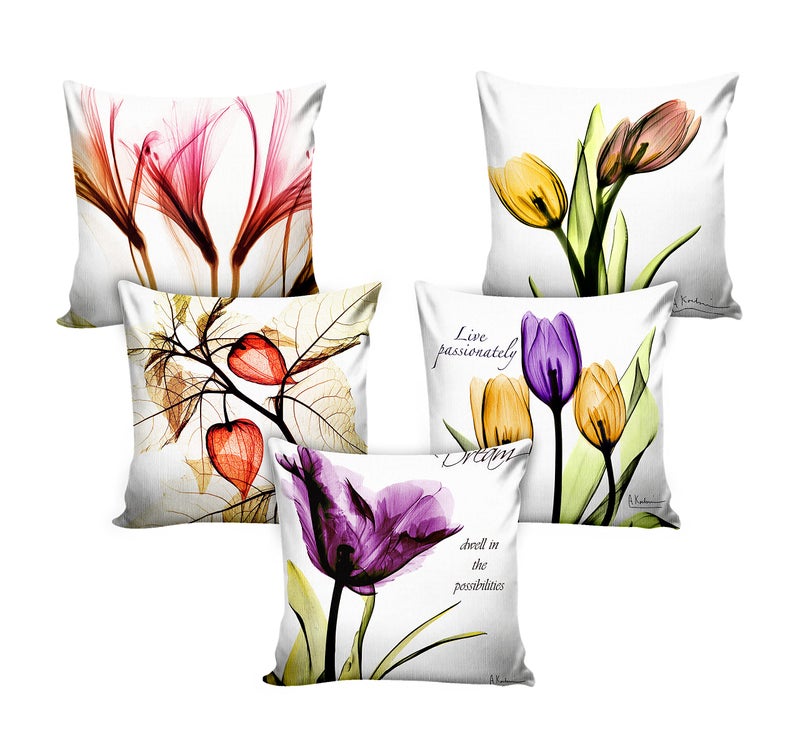 Ultimate Trends Premium Polyester Digital Modern Printed 200 TC Cushion Cover For Living Room Couch Bed Single Sofa Set Of 5 (12 X 12 Inches, Floral White) - Image 1