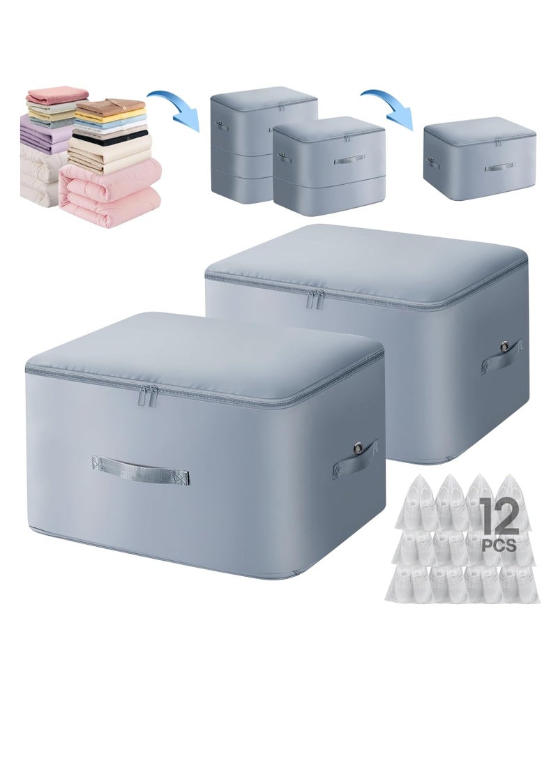 2 Pack Ultra Space Saving Self Compression Organizer, 2 and 3 Layer Foldable Blanket Storage Bag with 12 Shoe Covers for Quilt, Clothes, Blanket, Dormitory Organizing Moving Bags (Gray, XL+L)