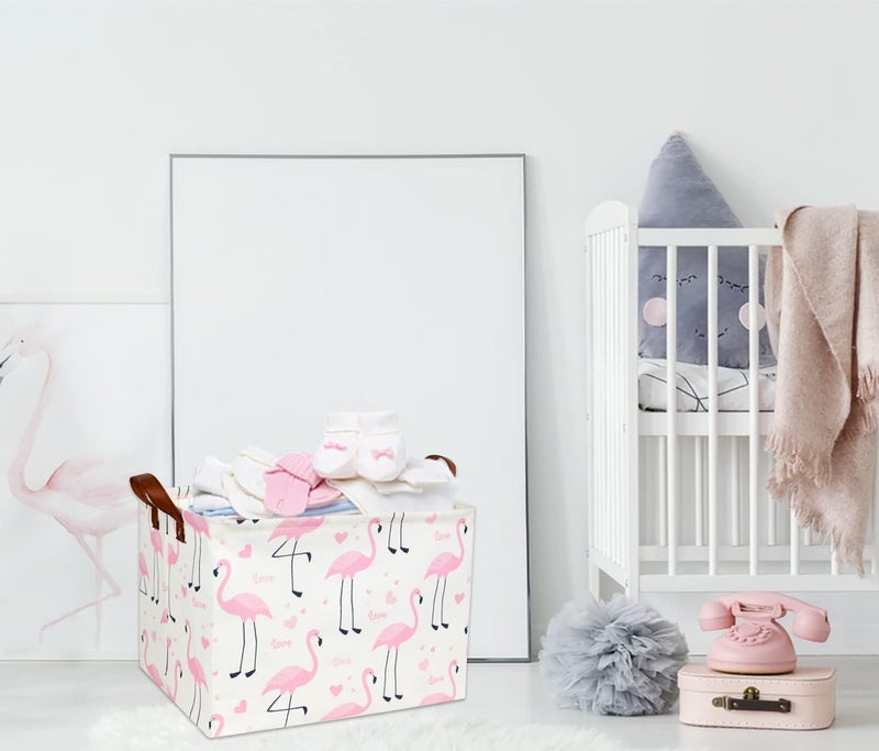 DDBASKET Flamingo Pink Basket Nursery Girl Baby Storage Basket Rectangular Cute Pattern Kids Toy Storage Bin Organizer Book Shelf Basket Baby Girls Flamingo Room Decor(Love Flamingo) - Image 3
