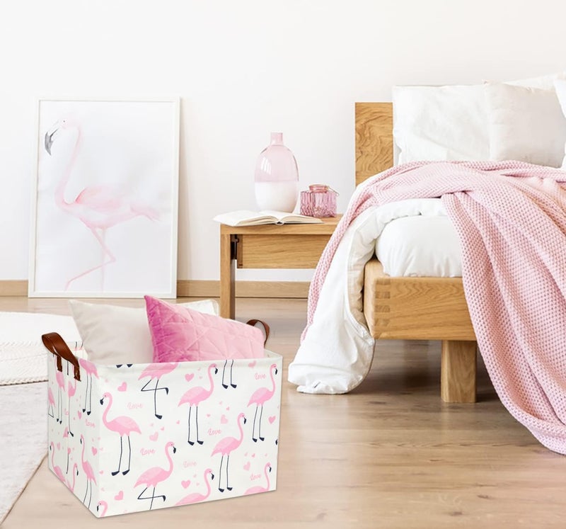 DDBASKET Flamingo Pink Basket Nursery Girl Baby Storage Basket Rectangular Cute Pattern Kids Toy Storage Bin Organizer Book Shelf Basket Baby Girls Flamingo Room Decor(Love Flamingo) - Image 2