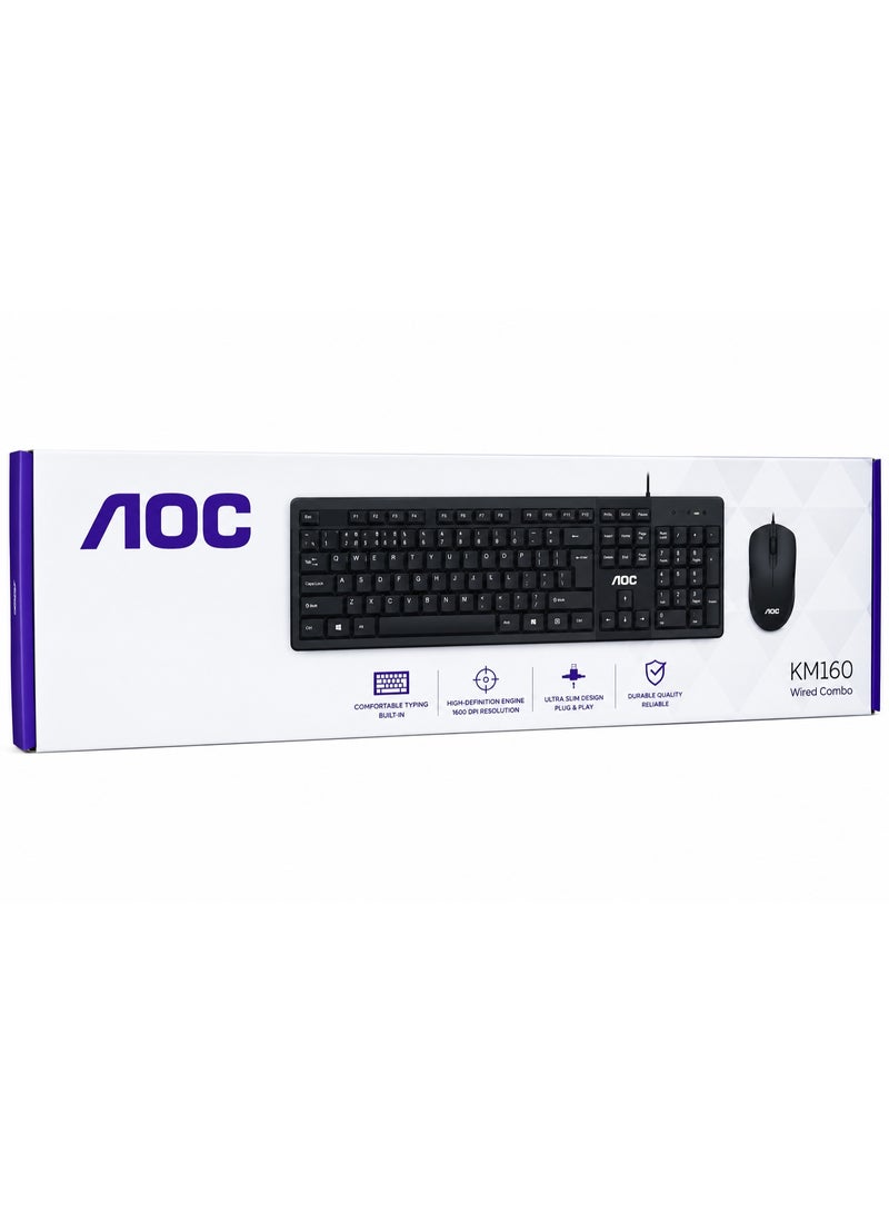 اي او سي مجموعة لوحة مفاتيح وماوس سلكية AOC KM160، لوحة مفاتيح USB كاملة الحجم مع ماوس بصري، تصميم مريح، لون أسود - Image 4