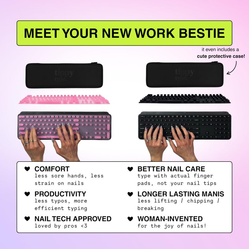 TIPPY TYPE Raised Keyboard Cover for Long Nails â€“ Fits Logitech MX Keys S Full-Size Keyboard - Silicone - The Original - Comfortable Typing, Quiet, Nail Protection (Matte Black) - Image 4