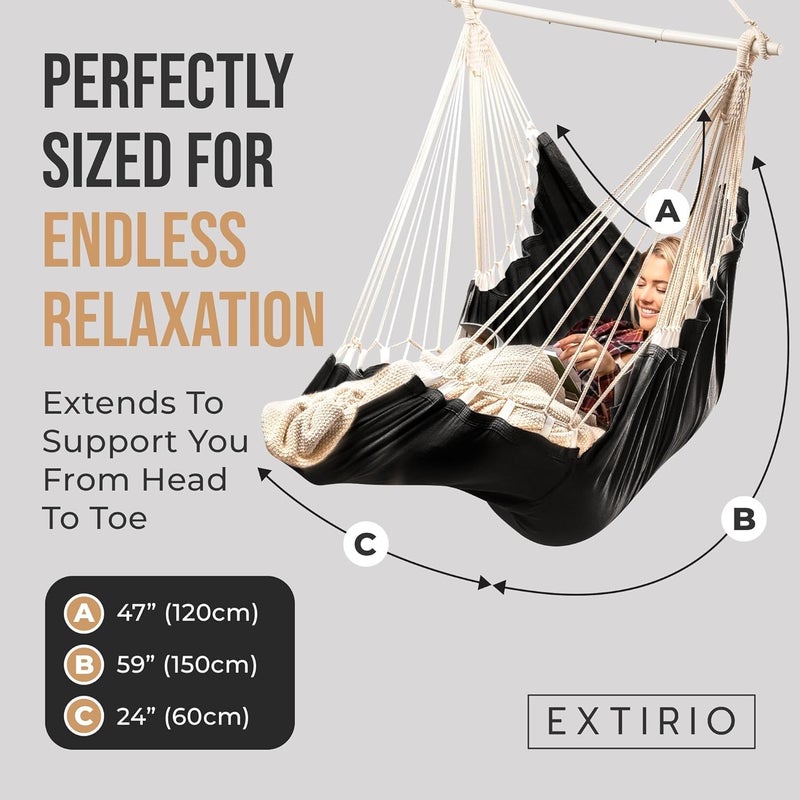 EXTIRIO Hanging Hammock Chair Swing â€“ Hanging Chair Outdoor & Indoor - Hammock Swing Chair â€“ Quick & Easy Setup with Hardware Kit â€“ Durable & Spacious Full Body Support with 2 Plush Cushions â€“ Holds 440 Lbs - Image 2