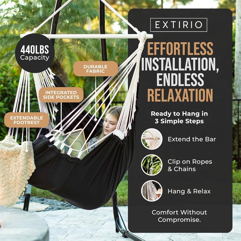 EXTIRIO Hanging Hammock Chair Swing â€“ Hanging Chair Outdoor & Indoor - Hammock Swing Chair â€“ Quick & Easy Setup with Hardware Kit â€“ Durable & Spacious Full Body Support with 2 Plush Cushions â€“ Holds 440 Lbs - Image 4