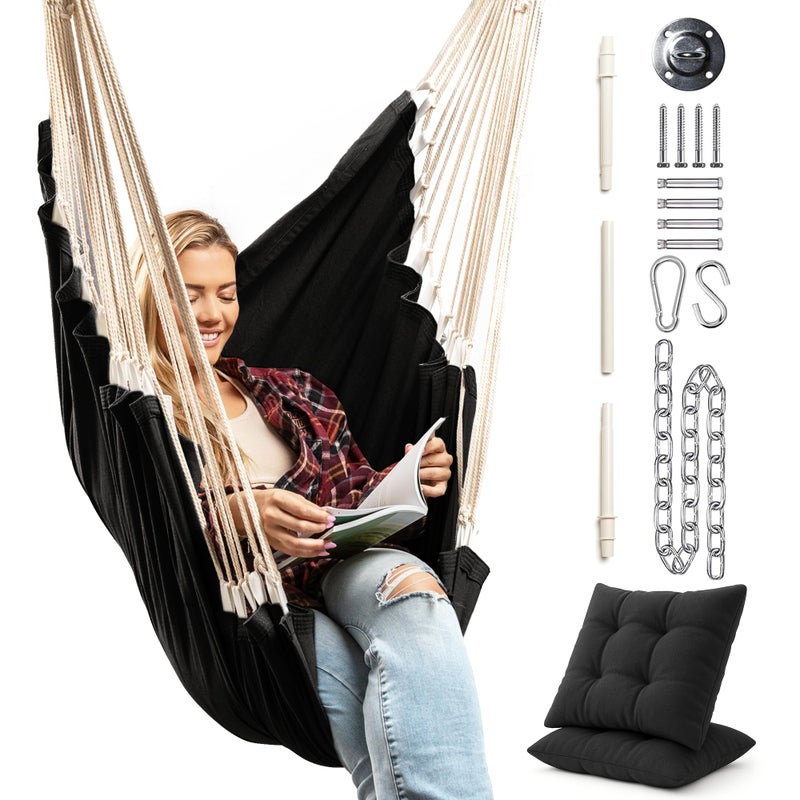 EXTIRIO Hanging Hammock Chair Swing â€“ Hanging Chair Outdoor & Indoor - Hammock Swing Chair â€“ Quick & Easy Setup with Hardware Kit â€“ Durable & Spacious Full Body Support with 2 Plush Cushions â€“ Holds 440 Lbs - Image 1
