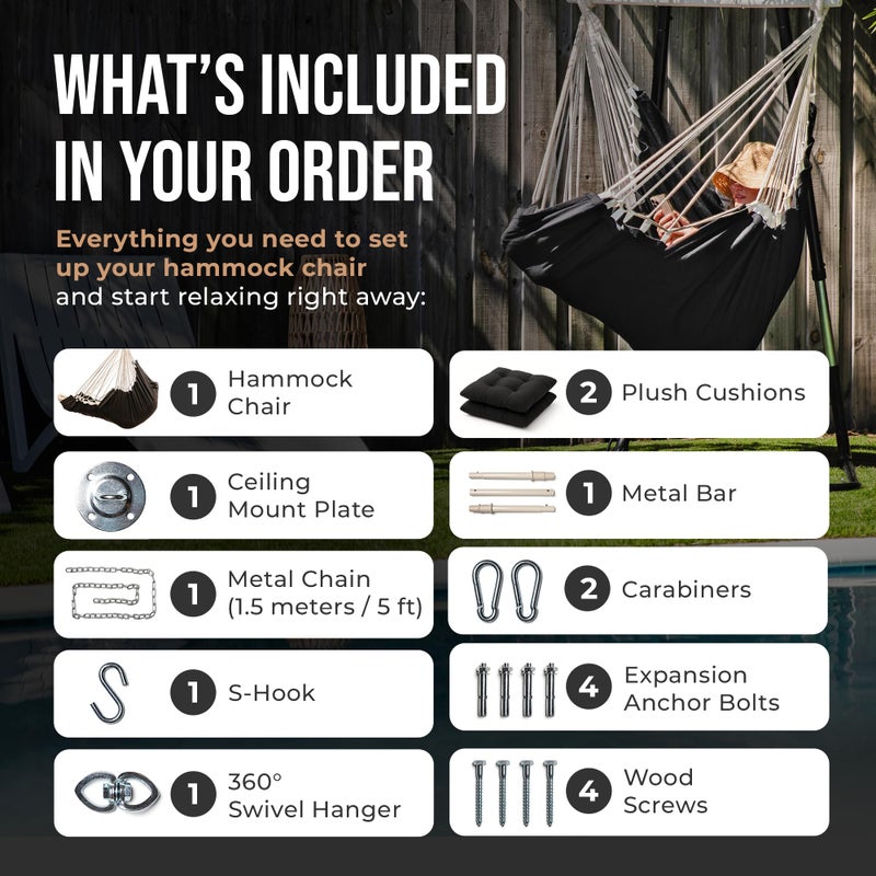 EXTIRIO Hanging Hammock Chair Swing â€“ Hanging Chair Outdoor & Indoor - Hammock Swing Chair â€“ Quick & Easy Setup with Hardware Kit â€“ Durable & Spacious Full Body Support with 2 Plush Cushions â€“ Holds 440 Lbs - Image 3