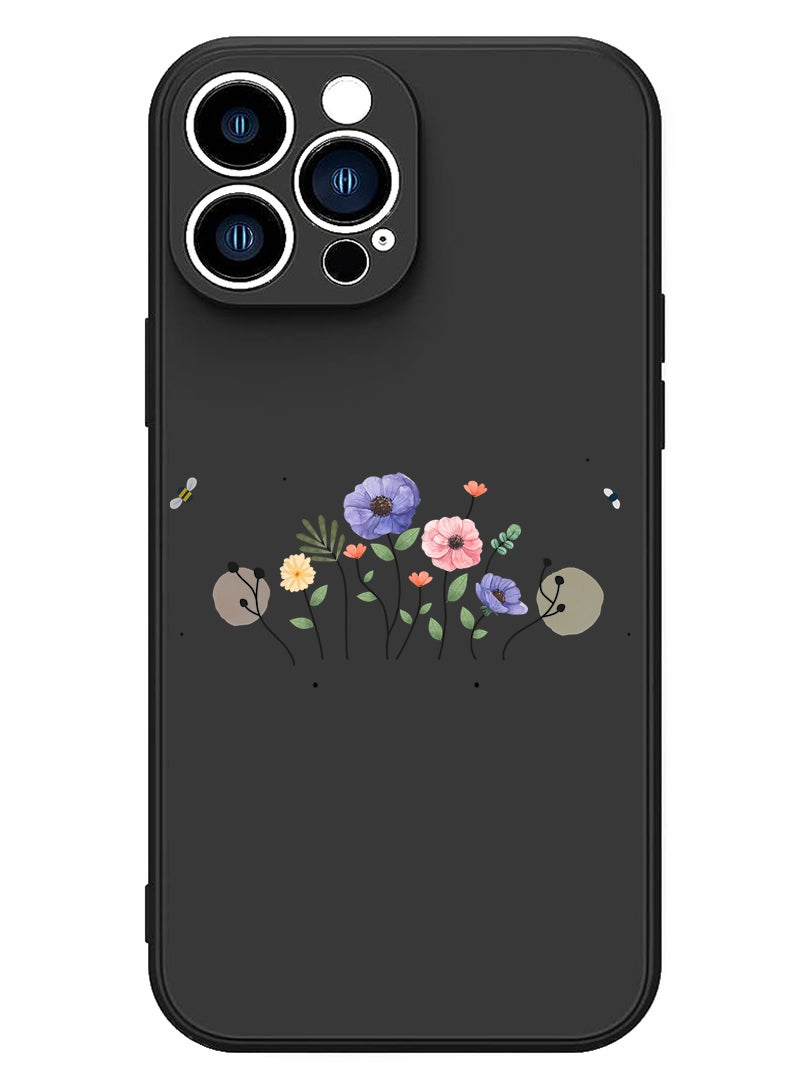 Theodor Protective Slim Fit Case Liquid Silicone Cover with Full Body Protection Anti-Scratch Shockproof Case For iPhone 14 Pro Black  - flowers in envelope - Image 1