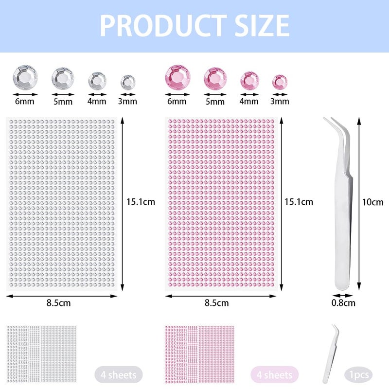 TRKETK 8 Sheets Rhinestone Face Sticker 3584 Pieces Self Adhesive Rhinestones with 1 Pieces Shiny Rhinestone Tweezers Adhesive for DIY Craft Nail Body Makeup Decoration (3/4/5/6mm) - Image 2
