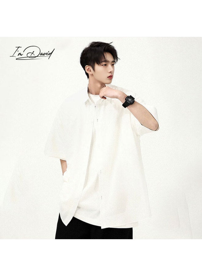 I'm David Men's Shirt, Summer Short-sleeve Shirt, Casual Solid Color Versatile Loose Jacket, Fashionable Menswear, White, 2XL